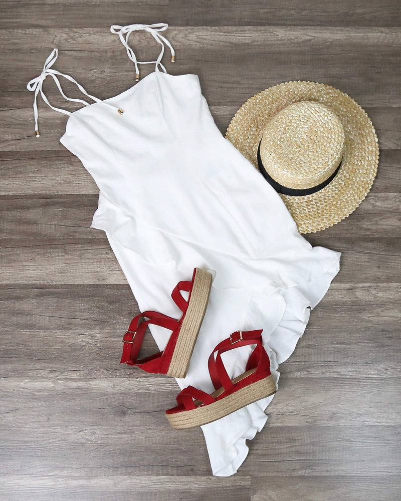 Self Tie Asymmetrical Ruffle Trim Bodycon Mini Dress in White