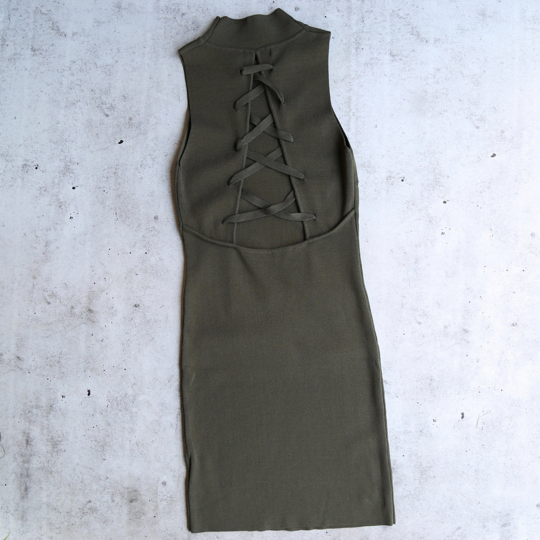 Knit Tonight Lace Up Back Bodycon Dress in Khaki Shop Hearts Knit Tonight Lace Up Back Bodycon Dress in Khaki Shop Hearts