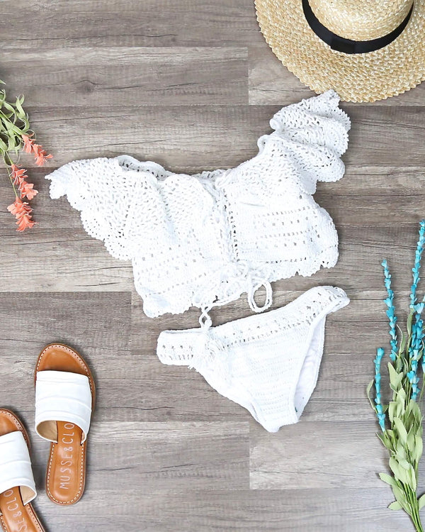 Crochet Off-The-Shoulder Bikini Set - White