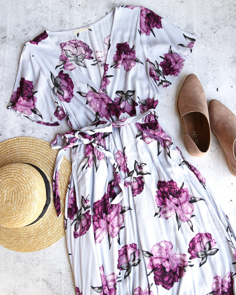 The Lone Traveler Floral Maxi Wrap Dress in Light Purple