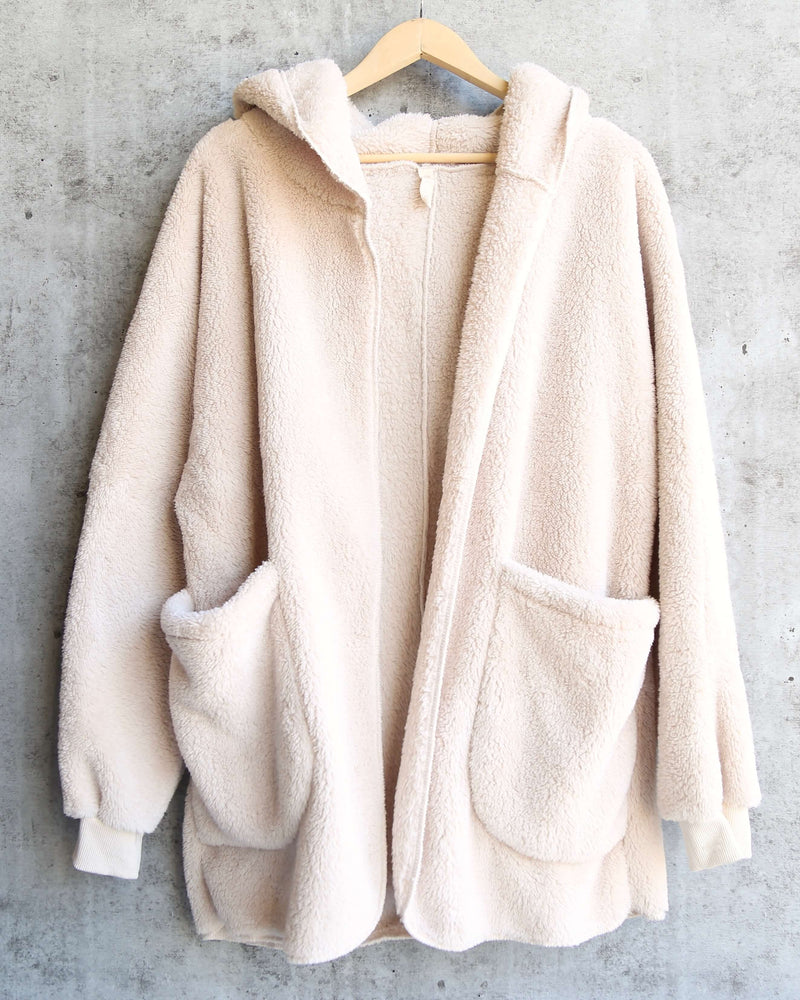 Open Front Faux Fur Sherpa Cardigan With Hoodie in Taupe