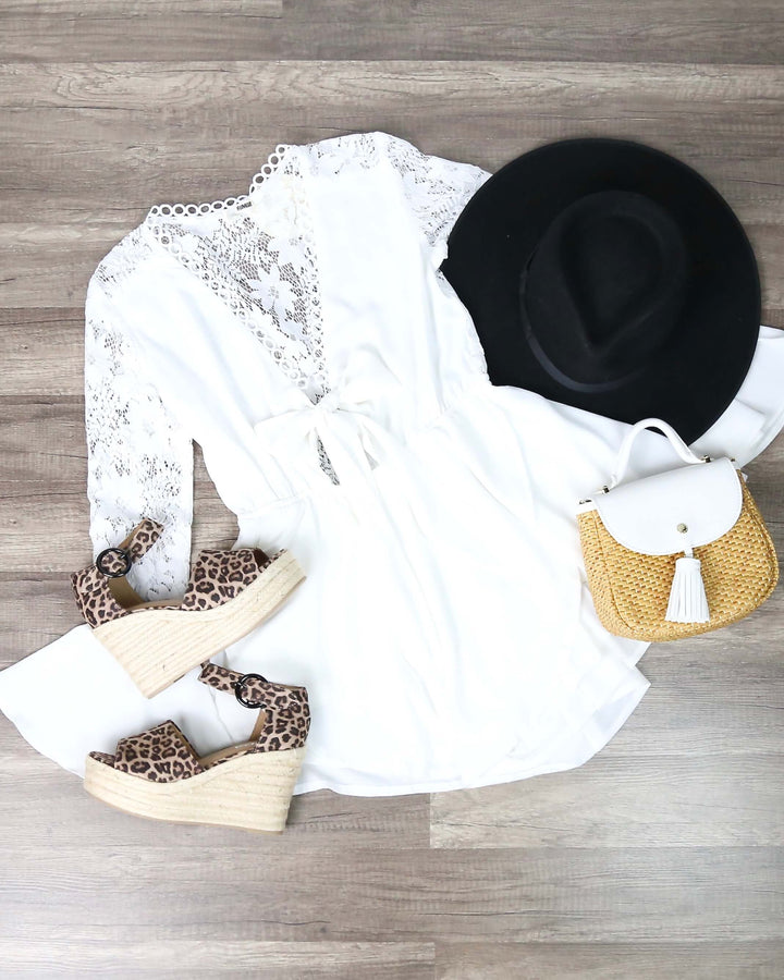 Layla Lace Front Tie Romper with Ruffle Hem - White