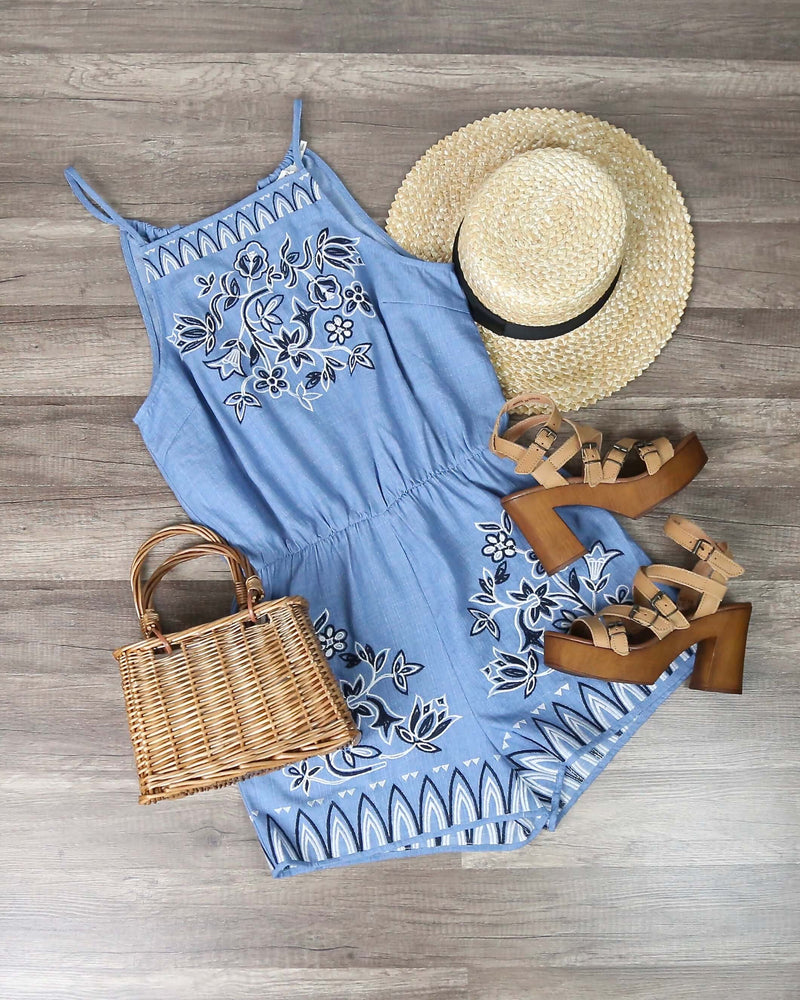 Final Sale - Blu Pepper - Chambray Embroidered Romper