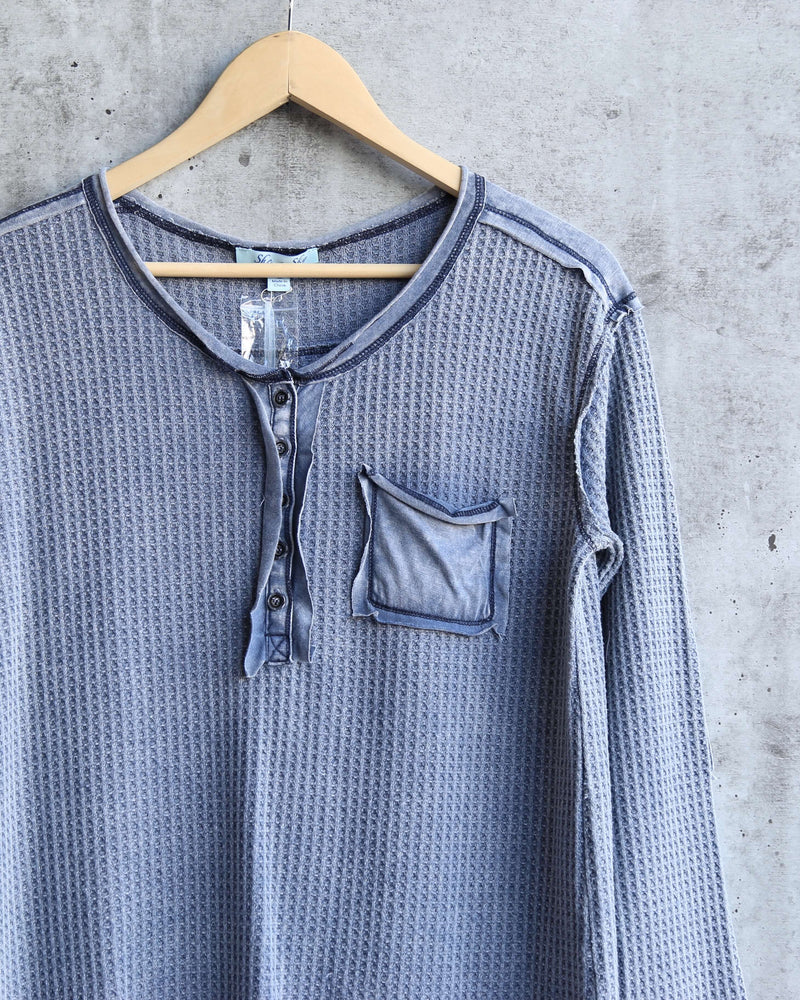 Long Sleeve Stone Washed Thermal Top in Navy