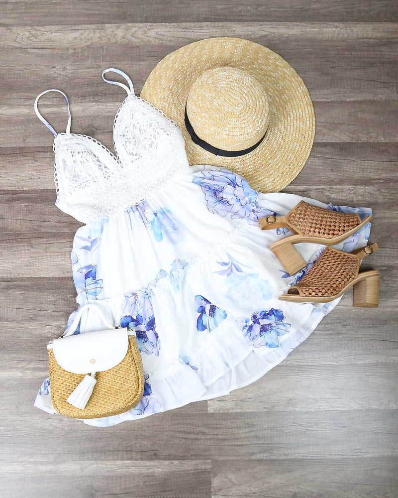 Meet Me in the Middle Floral Ruffle Hem Dress - Ivory/Bblue – Shop Hearts
