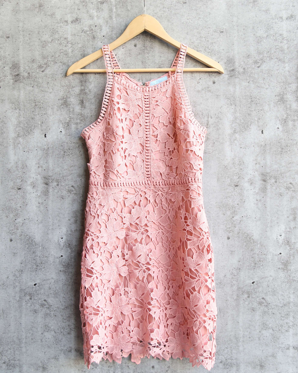 Ashlyn rose lace bodycon dress on a hanger, showing floral lace and ladder-trim details #color_rose