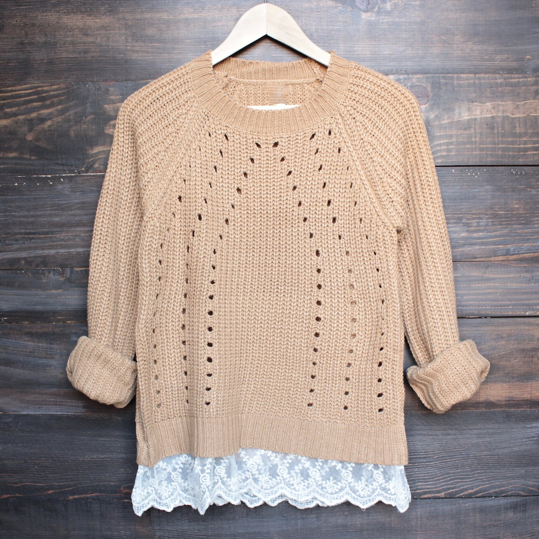 aspen open knit sweater with lace hem in tan - shophearts - 1