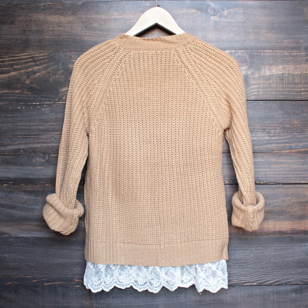 aspen open knit sweater with lace hem in tan - shophearts - 2