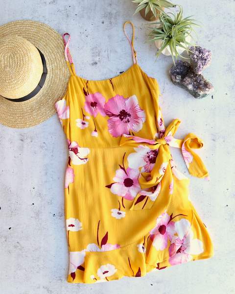 Cotton Candy LA - Paloma Ruffle Faux Wrap Mini Dress - Floral/Marigold