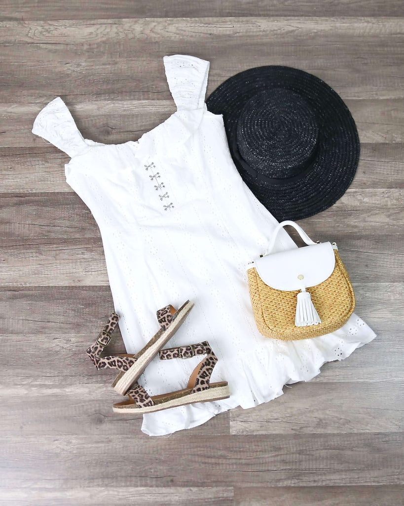 Hook and Eye Front Closure With Ruffled Trim Eyelet Mini Dress in Whit –  Shop Hearts