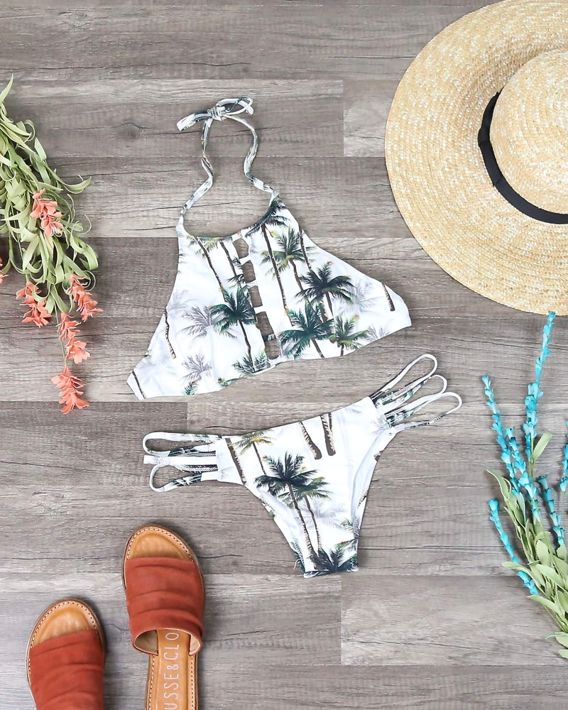 Venice High Neck Crop Bikini Set in Tropical Palm Tree Print