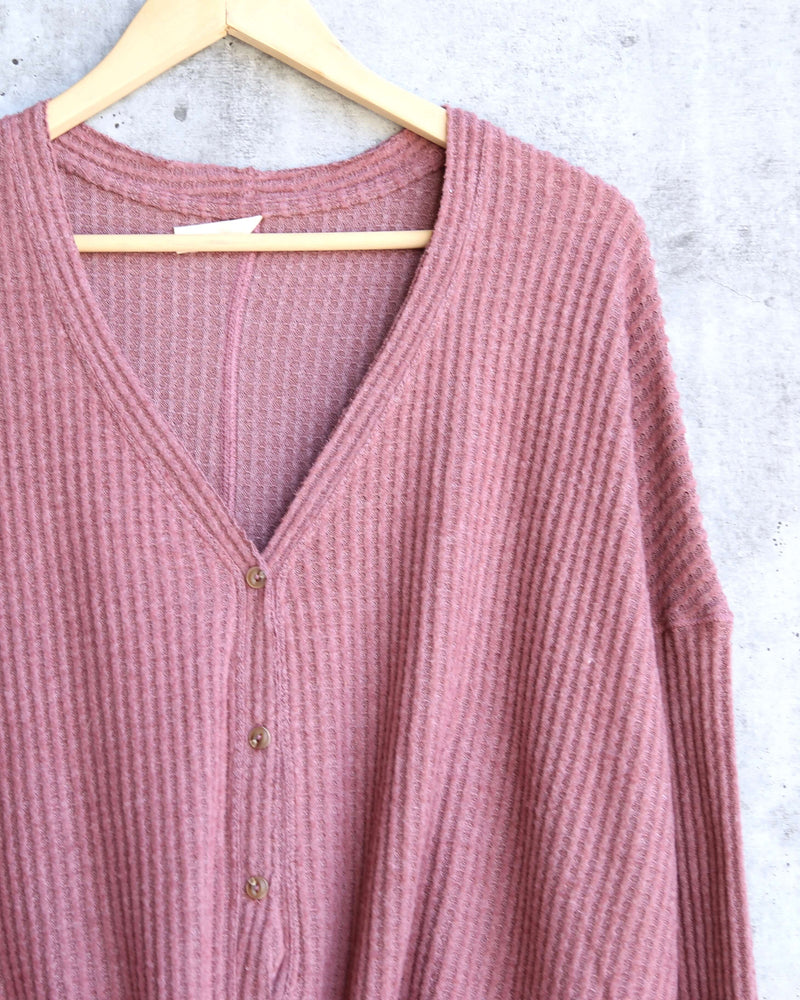 EVA Long Sleeve Thermal Waffle Knit V-Neck Button Down Lightweight Sweater in Red Bean