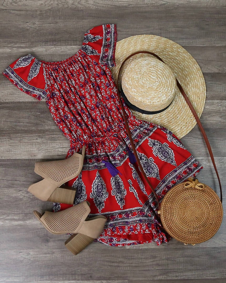 Reverse Free Spirit Off Shoulder Boho Print Romper – Red