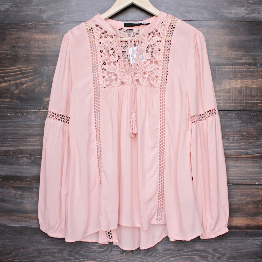 boho long sleeve peasant blouse with lace inset - dark salmon - shophearts - 1