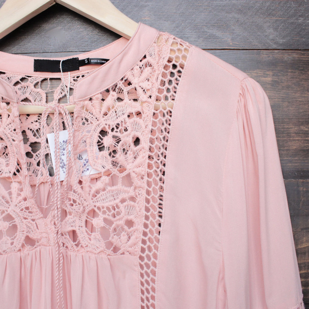 boho long sleeve peasant blouse with lace inset - dark salmon - shophearts - 2