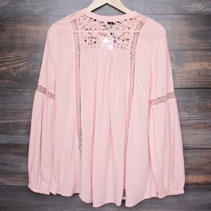 boho long sleeve peasant blouse with lace inset - dark salmon - shophearts - 4