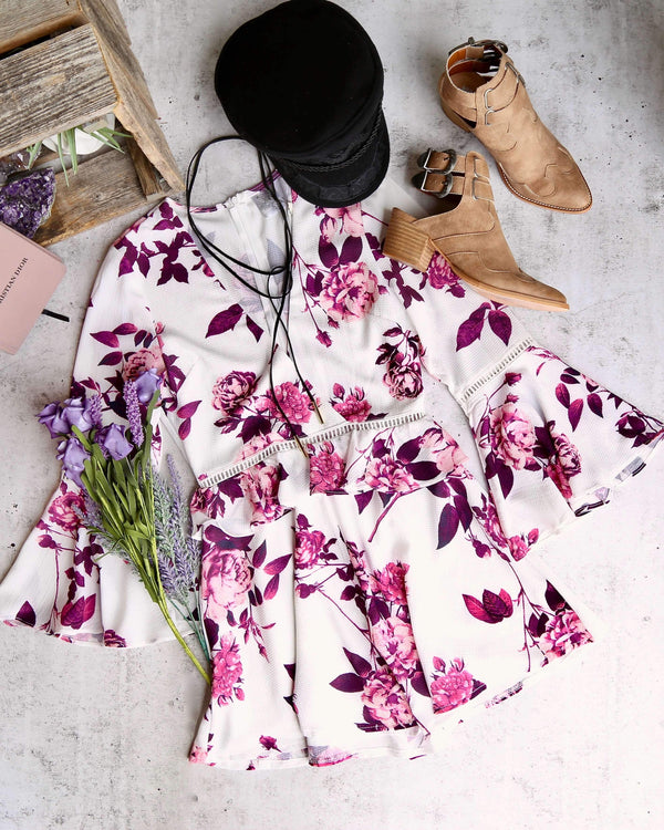 Final Sale - Floral Romper with Bell Sleeves - white/purple