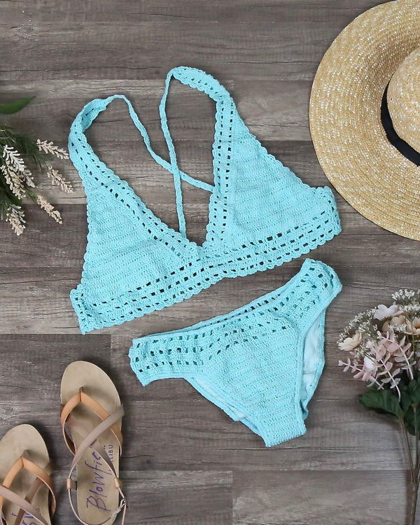 Halter Crochet Set with Ruched Bottom in Mint