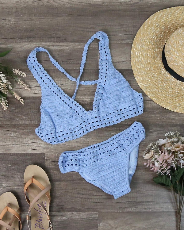 Final Sale - Halter Crochet Set with Ruched Bottom in Blue
