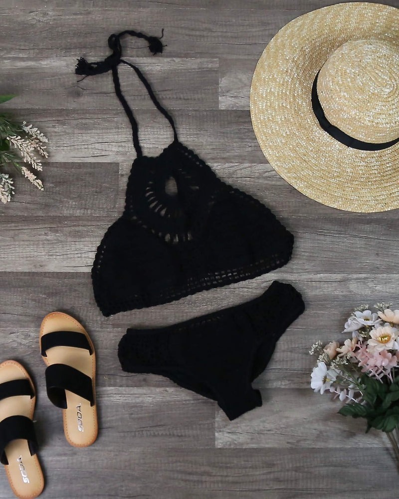 Treat Yourself Crochet Bib Bikini Set in Black