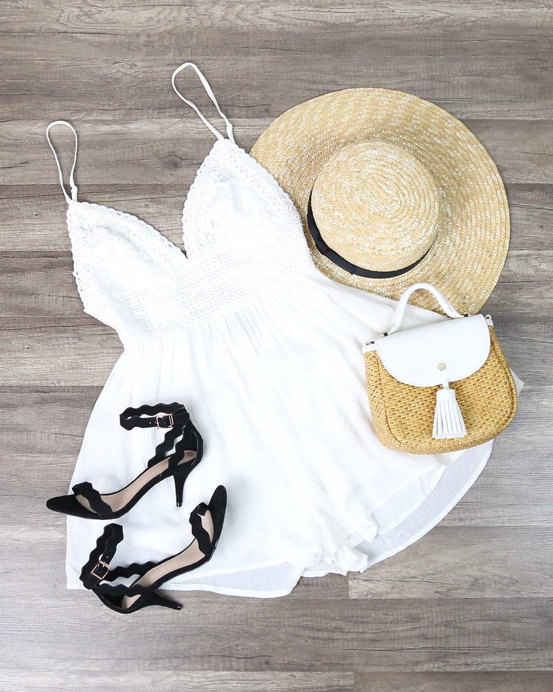 Solid Lace Inset Romper in White