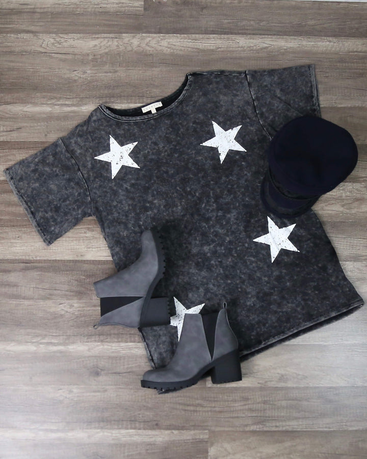 Washed Stars Graphic Tee Mini Dress with Pockets in Charcoal