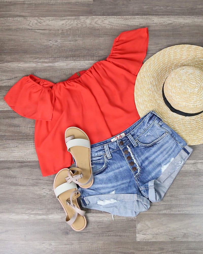 Final Sale - Honey Punch - Casual Chic Off The Shoulder Short Sleeve Top in Cherry Red