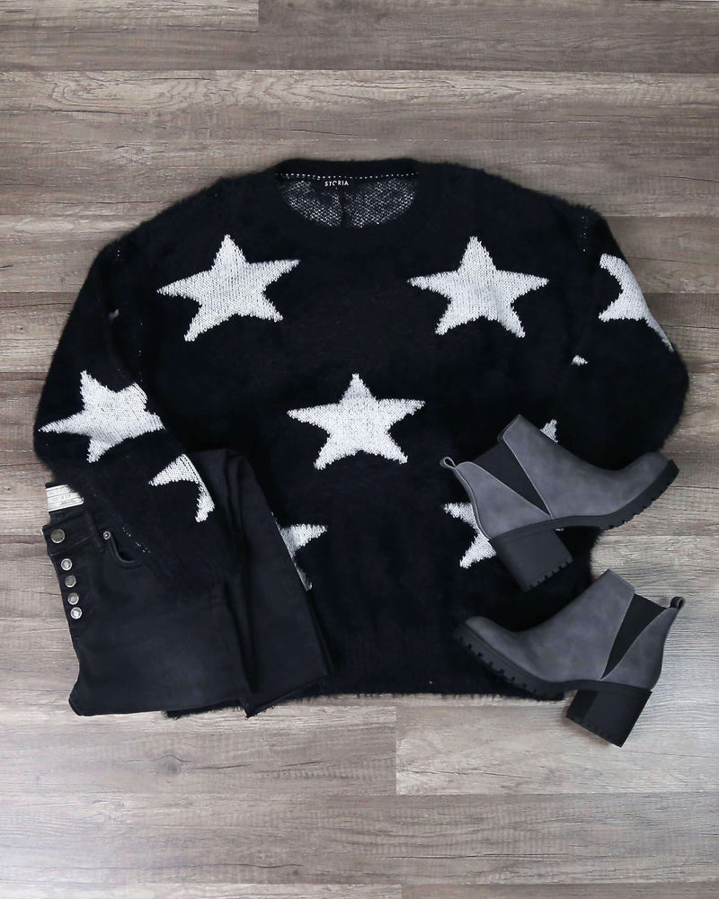 Starry Night Star Patterned Fuzzy Sweater in Black