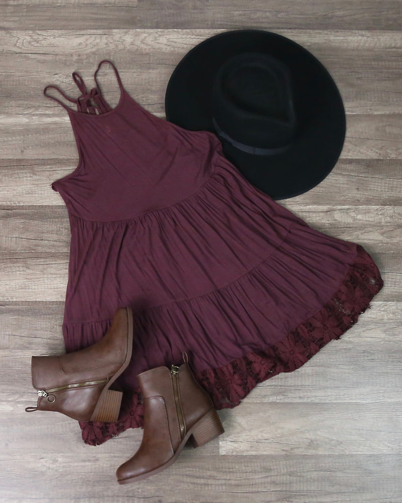 Let Go Halter Tiered Floral Lace Hem Swing Tunic in Burgundy