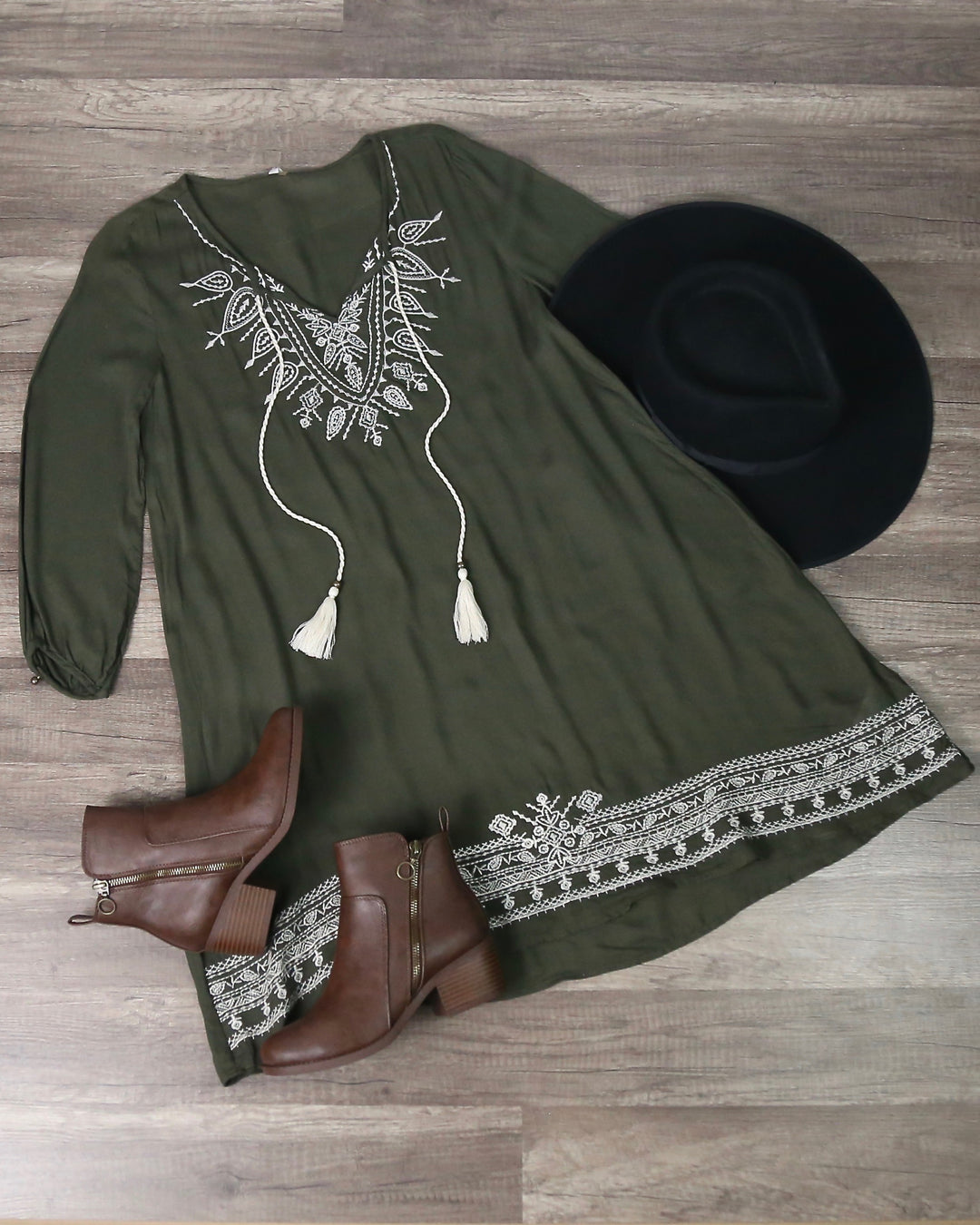 Tassel And Embroidered Boho Country Shift Dress in Olive