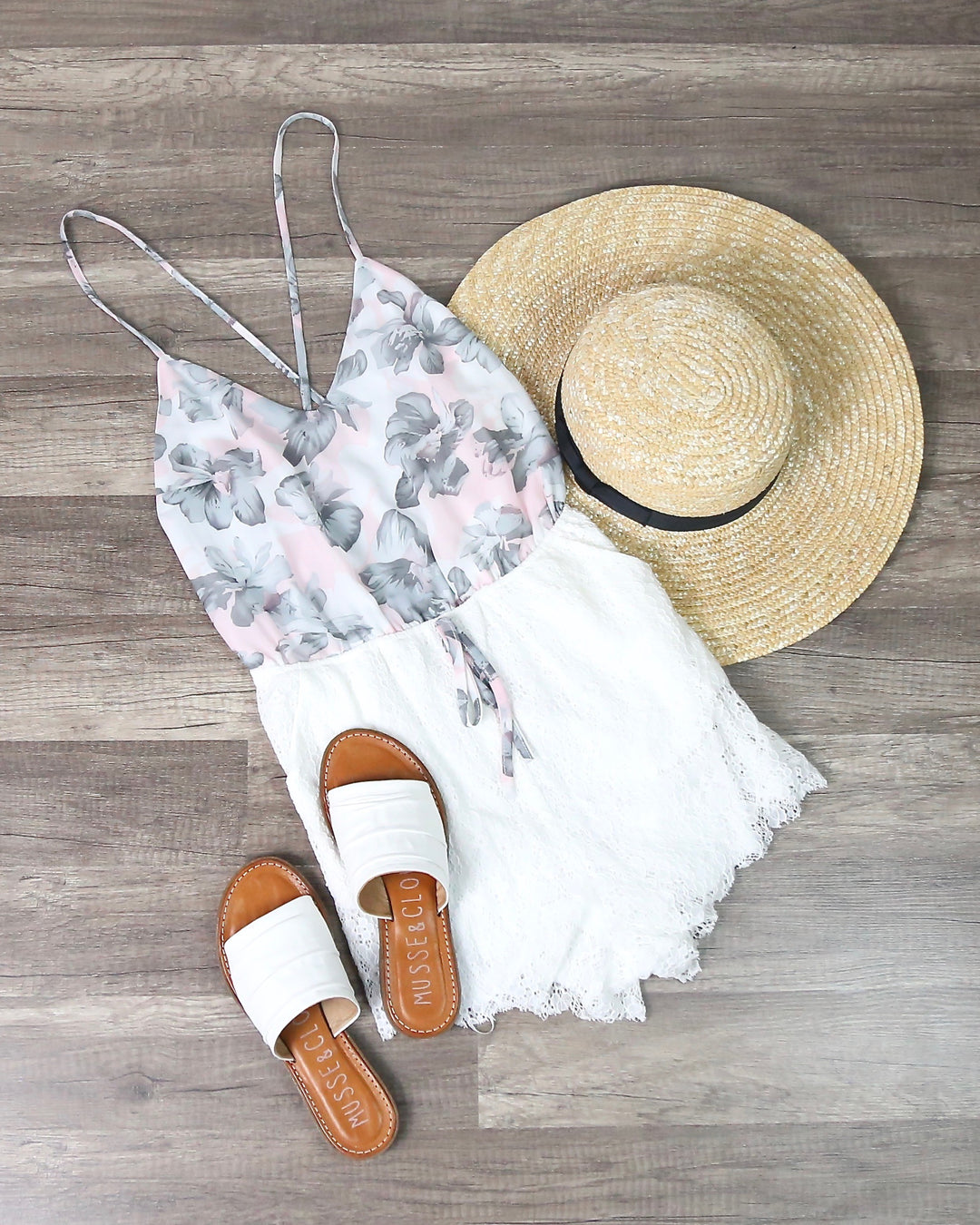 Floral Print & Embroidered Lace Romper in Pink & White