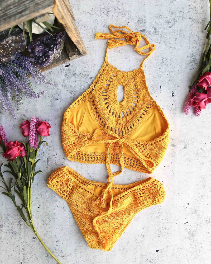 Treat Yourself Crochet Bib Bikini Set in Mustard