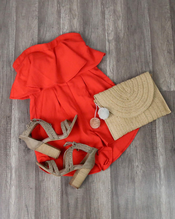 Final Sale - Ruffled Strapless Romper in Red