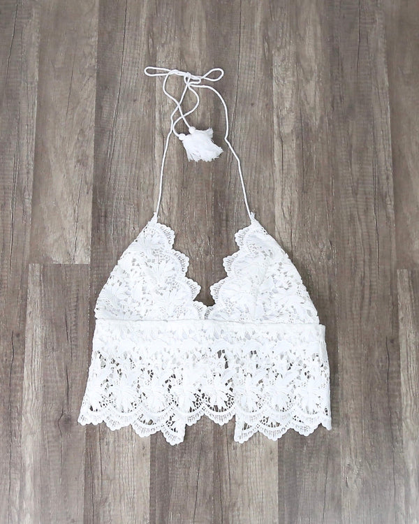 FINAL SALE - Boho Lace Embroidered Crop Top with Tassel Strings in Ivory