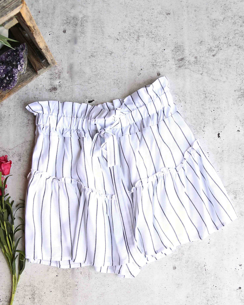 Cotton Candy LA - Martine Stripe Shorts with Ruffle Hem in White