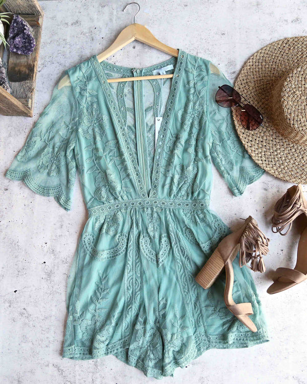 For What It's Worth Lace Romper in Slate Green