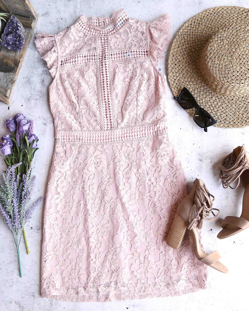 Cherry on Top Lace Mock Neck Dress in Misty Pink
