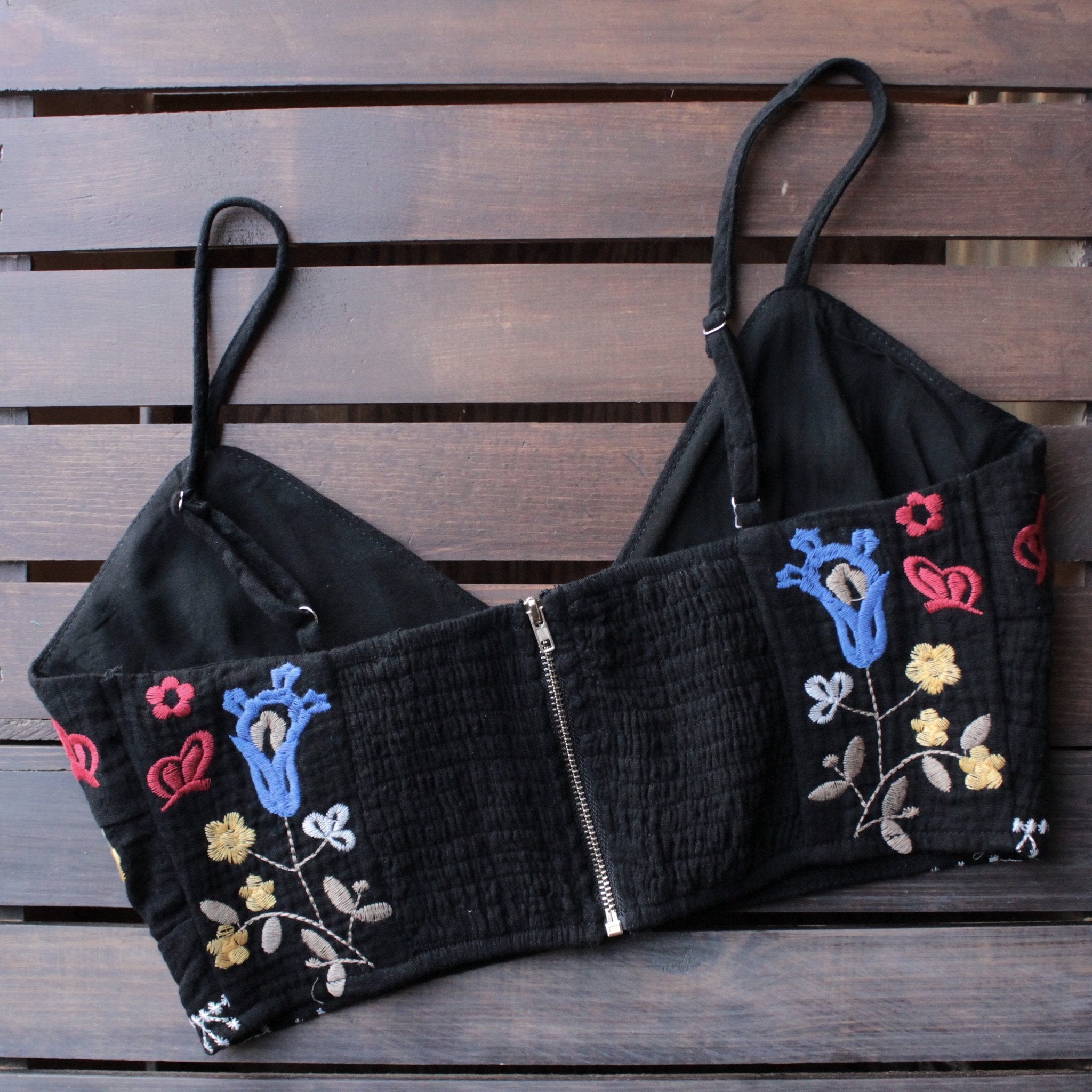 Carsyn Flower Embroidery Cropped Top Black