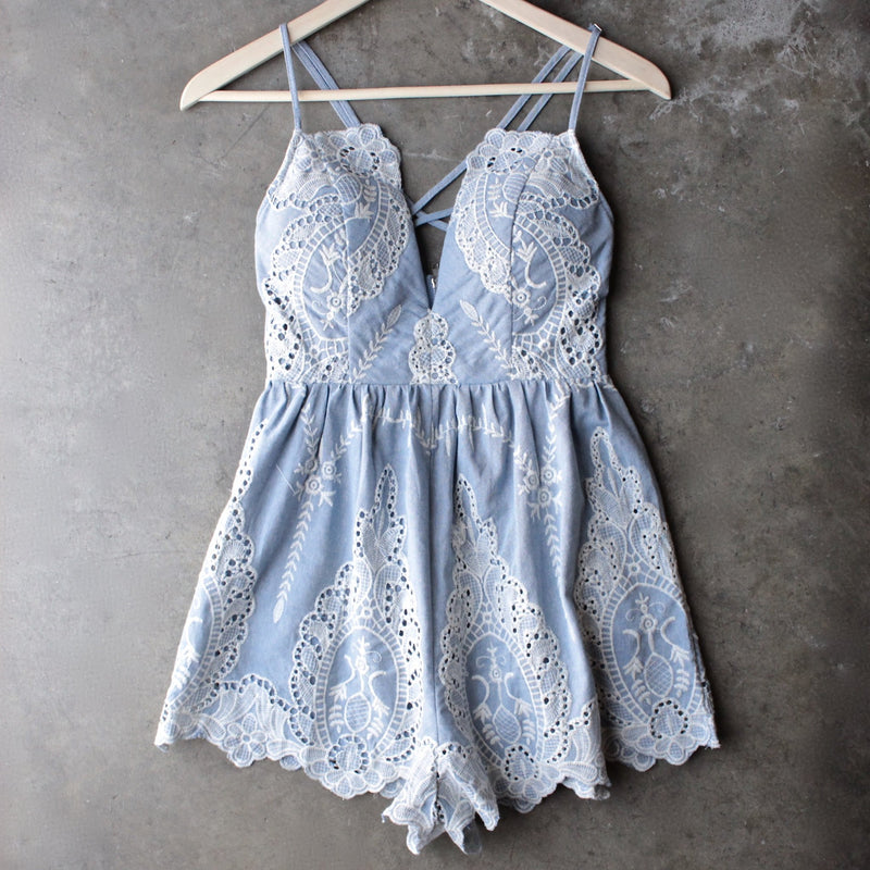lace one piece embellished embroidered denim romper - shophearts - 1