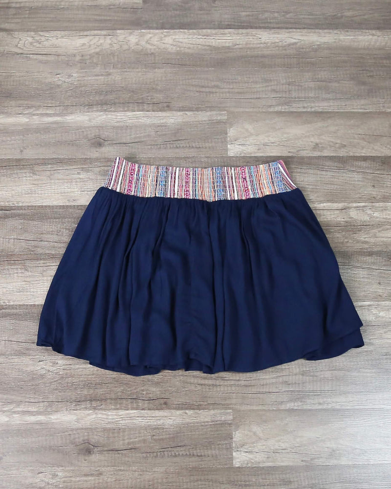 Final Sale - Spanish Dancer Embroidered Flowy Skirt in Navy