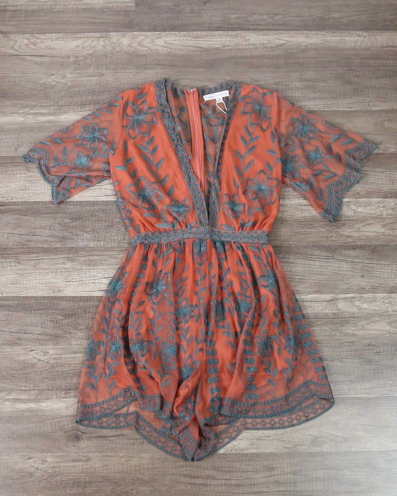 Honey Punch - As You Wish Contrasting Embroidered Lace Romper in Dusty Rust