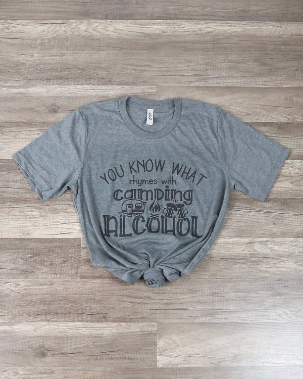 Distracted - You Know What Rhymes with Camping? Drinking Graphic Tee in Grey