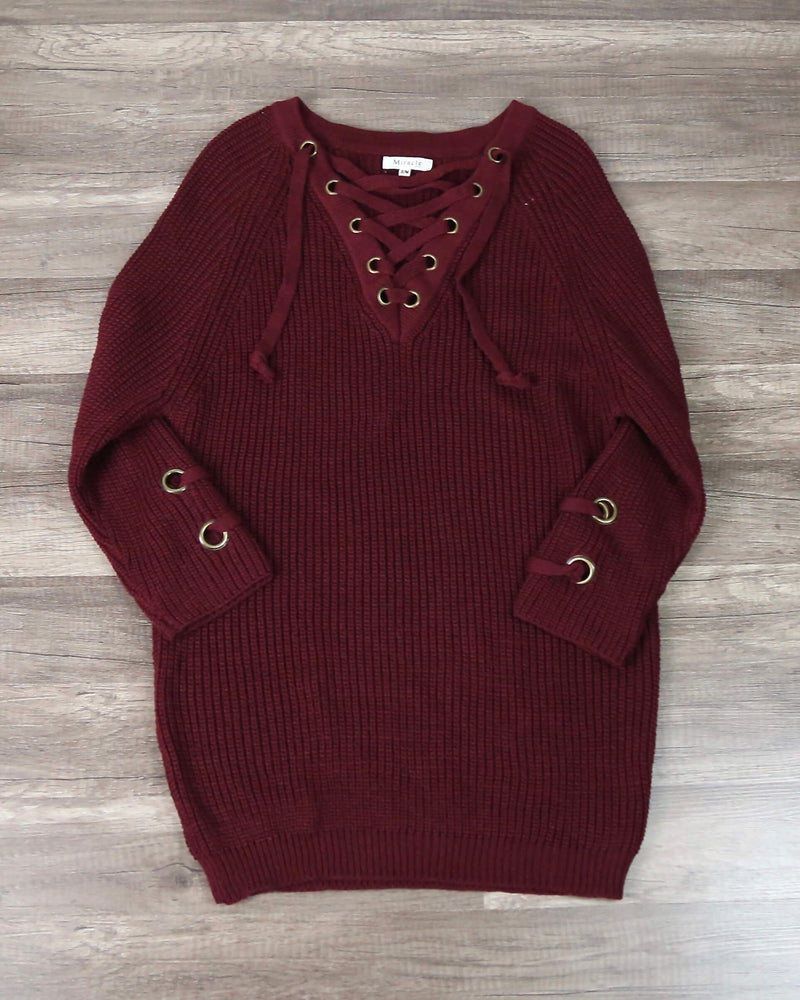 Lace Up Grommet Sweater in Burgundy