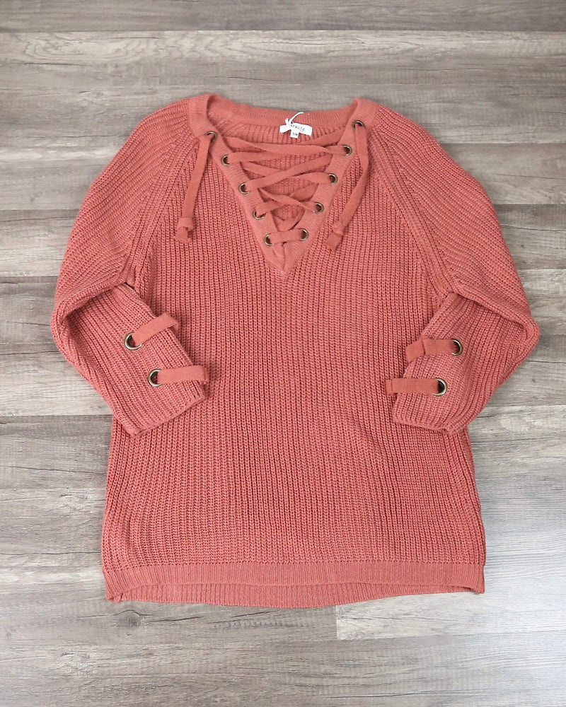 Lace Up Grommet Sweater in Marsala