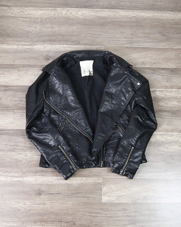 Faux Leather Moto Jacket with Design