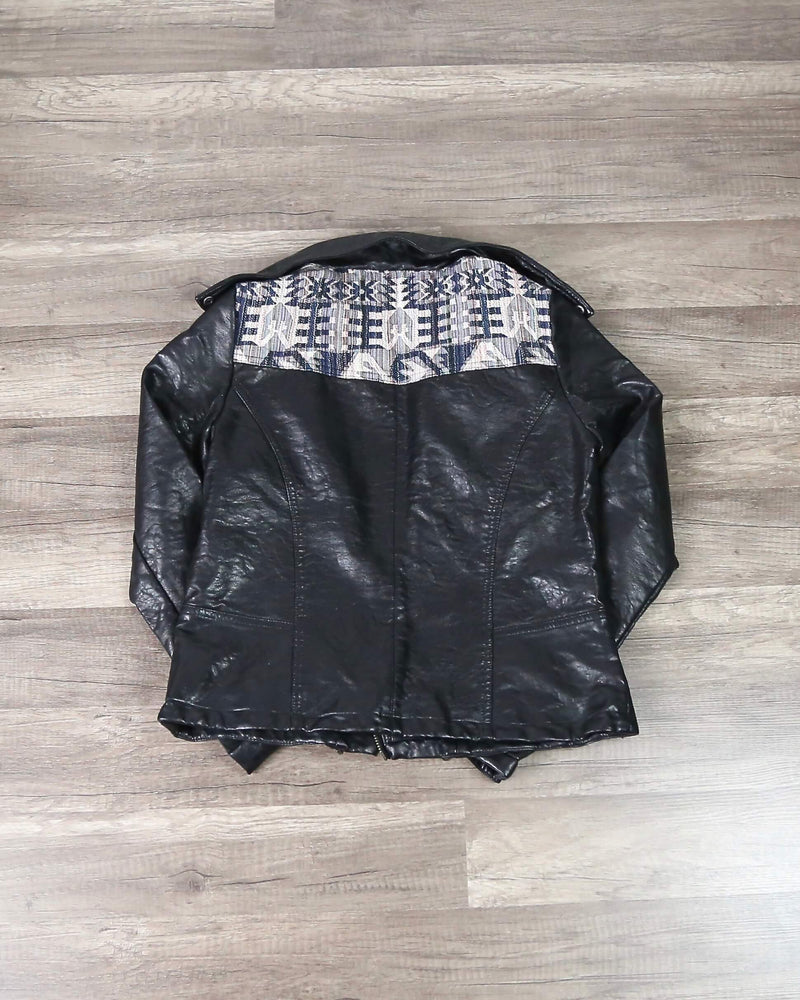 Faux Leather Moto Jacket with Design