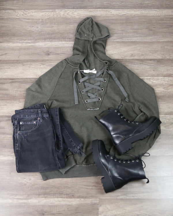 Final Sale - Project Social T - Abby Lace Up Hoodie in Army Green