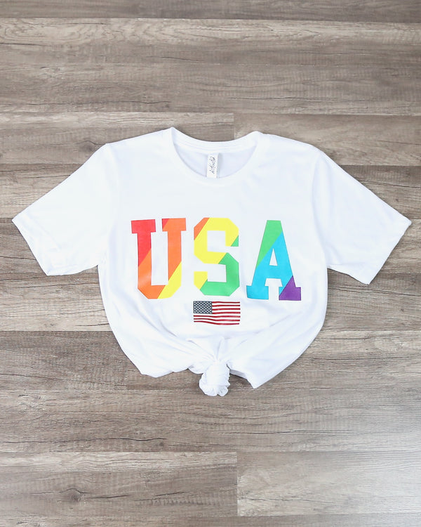 Distracted - Rainbow USA Shirt Unisex Graphic Tee in White