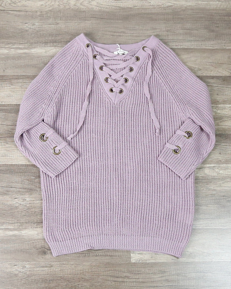 Lace Up Grommet Sweater in Soft Mauve