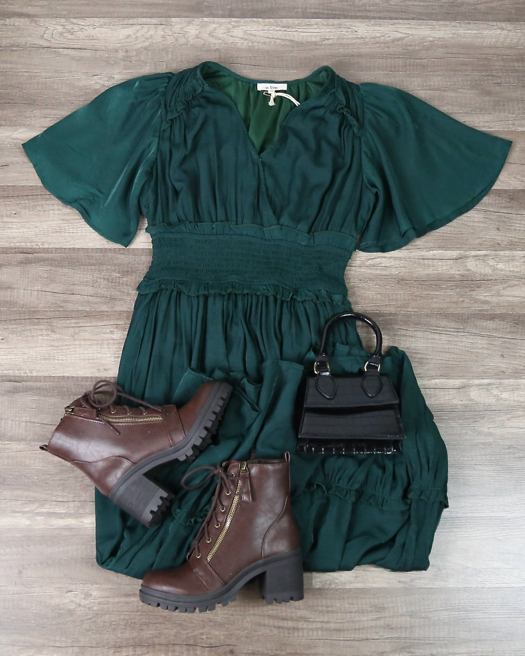 Whitney Washed Satin Ruffled Smocked Bodice Midi Dress in Hunter Green Shop Hearts Whitney Washed Satin Ruffled Smocked Bodice Midi Dress in Hunter Green Shop Hearts